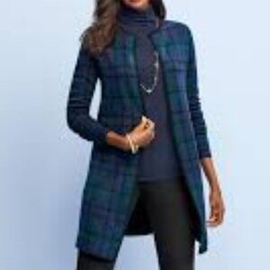 Talbots Merino Wool Plaid Long Line Open Front Cardigan Women's Size PL